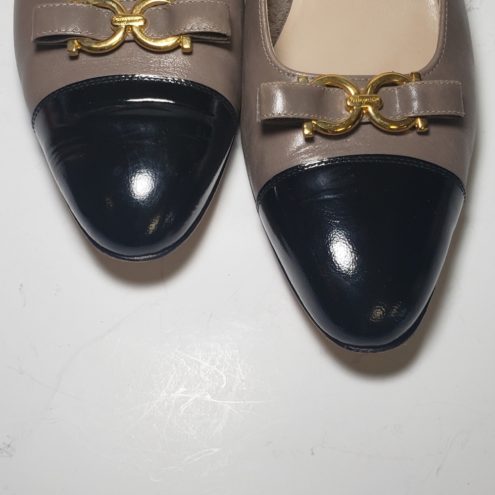 Ferragamo Tan and Black Gold Logo Heels - Picture 8 of 8